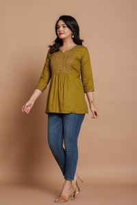 <b>Women's</b> Olive Green Cotton <b>Kurta</b> With Embroidery 3/4 Sleeve Casual Loose Fit Regular Length Ethnic Wear India Pakistan Style - Product Image 4