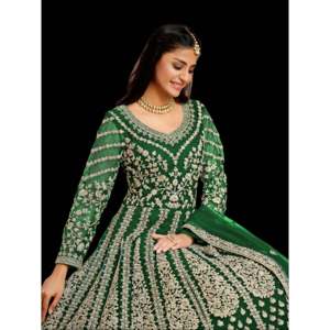 Vestido Anarkali de Diseño Artesanal para Fiestas, Corte en A, Cintura Imperio, Tela de Organza Bordada con Pantalón y Dupatta - Product Image 4