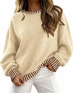 Pulls Oversize Femme 2026 – Hauts d'Automne à Manches Longues et Col Rond, Pulls en Maille Épaisse Contrastante, Vêtements d'Hiver - Product Image 5