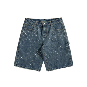 High Waist Denim Shorts With Rhinestone <b>Sequins</b> Streetwear Style Summer Cargo <b>Pants</b> Medium Wash Cotton Fabric - Product Image 1