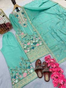 Conjunto de Kurta y Palazzo para Mujer, Festivo, de Seda Chinon Pesada, Sin Arrugas, Elástico, con Bordado y Lentejuelas, para Todas las Temporadas - Product Image 4