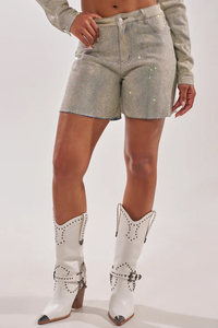 <b>Sequined</b> High Waist Short Shorts With Button Fly And Pockets Casual Solid Color Woven Fabric unisex Shorts rhinestone set - Product Image 2