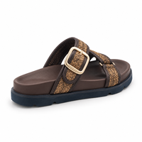 Sandales plates à plateforme en raphia synthétique marron avec boucle, bout ouvert, semelle en caoutchouc antidérapante, tendance mode été pour femmes