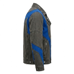 Blouson Biker en Jean Patchwork Bleu Royal Effet Vieilli pour Homme, Fermeture Éclair Croisée Asymétrique Gris Anthracite Délavé, Style Rétro Motard - Product Image 3