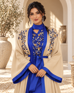 Caftán marroquí elegante en azul real y beige champán con bordado de cuentas, mangas anchas maxi, cinturón y bufanda a juego. - Product Image 3