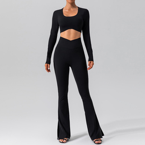 Black Two-Piece Yoga Set <b>High</b> <b>Waist</b> <b>Flared</b> <b>Leggings</b> Long Sleeve Crop Top Scoop Neck Seamless Activewear Women's Workout Wear - Product Image 1