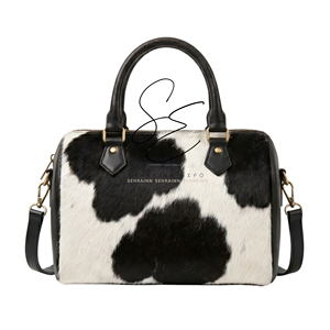 Vintage Leather and Cowhide Duffel <b>Purse</b> Handmade Weekend Bag for Women Hair On Hide Black Speedy Bag Medium Size <b>Purse</b> - Product Image 1