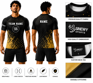 Camiseta Deportiva SINEWY para Hombre, Negra y Dorada, Sublimada, para MMA, Ajustada, de Secado Rápido, Elástica y Transpirable, para Adultos, con Logotipo del Equipo - Product Image 1