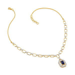 Collier pendentif en diamant bleu royal style émeraude avec double halo géométrique et design de chaîne à maillons - Product Image 3