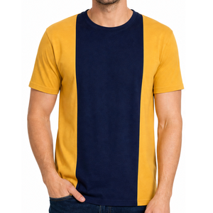 T-shirt à col rond pour homme, jaune et noir, Color Block |   Conception de panneaux verticaux |   T-shirt décontracté en coton coupe classique - Product Image 1