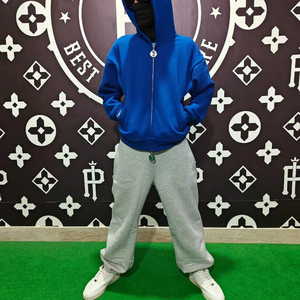 Chándal de felpa 100% algodón con bordado desgastado y cremallera personalizada, sudadera holgada con puños y capucha con cremallera para hombre - Product Image 1