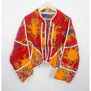 100% Cotton <b>Kantha</b> Reversible <b>Jacket</b> Coat Handmade Floral Printed Open <b>Jacket</b> Hand Quilted Detail Non Woven Knitted Process - Product Image 1
