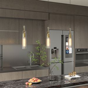 Lampade a Sospensione Moderne Dorate, Set da 3 con Paralume in Vetro Trasparente a Strisce, Luci Pendenti per Isola Cucina o Sala da Pranzo - Product Image 1