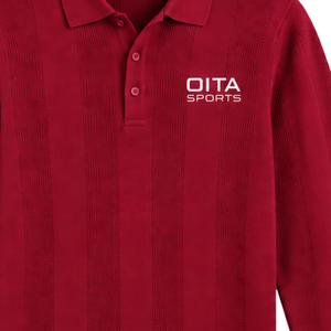Crimson <b>Red</b> Mens <b>Long</b> <b>Sleeve</b> Knitted Polo Shirt Vertical Textured Pattern Ribbed Hem Casual Smart Pullover Fashion <b>Top</b> - Product Image 5