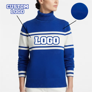 Cárdigan de punto azul para mujer con logotipo personalizado, cuello redondo, franjas azules y blancas en la parte delantera, manga larga, unisex, antiarrugas, acrílico - Product Image 3