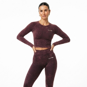 Women Burgundy Acid Wash <b>Long</b> <b>Sleeve</b> Crop <b>Top</b> Leggings Set High Waist Gym Yoga <b>Workout</b> Activewear - Product Image 4