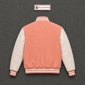 เสื้อแจ็คเก็ตวาร์ซิตี้สีพีช แต่งแขนสีครีมขาว คุณภาพพรีเมียม แจ็คเก็ตเบสบอลบอมเบอร์ สำหรับผู้ชายและผู้หญิง ขายส่ง เสื้อแจ็คเก็ตเลตเตอร์แมน - Product Image 6