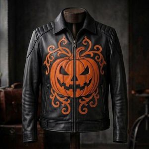 Blouson en cuir pour homme, col mandarin, motif citrouille brodé, style motard, fermeture éclair, séchage rapide, respirant - Product Image 1