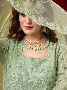 Vestido Anarkali largo étnico indio con bordado <span class=keywords><strong>Net</strong></span> Dupatta Ropa de fiesta para mujeres Adultos Vestido elegante hecho de <span class=keywords><strong>material</strong></span> de red