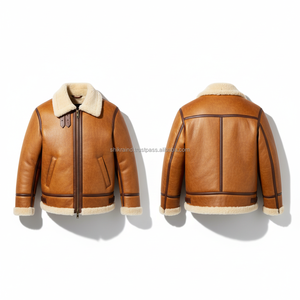 Manteau en cuir véritable à manches longues avec doublure en fausse fourrure, coupe-vent, col rabattable, veste d'hiver décontractée unisexe - Product Image 5