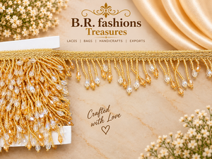 Cinta de encaje con cuentas doradas y borde de encaje tejido a mano con flecos de cristal para prendas, cortinas y decoración de bodas - Product Image 2