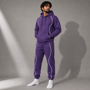 Men's <b>Purple</b> Hooded Tracksuit Set with White Contrast Piping Pullover Hoodie and Jogger Pants for Casual Streetwear - Product Image 5