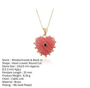 Best Selling 18K Gold Plated Brass Heart Shape Claw Setting Synthetic Rhodochrosite & Black CZ <b>Cable</b> Chain Necklace - Product Image 1