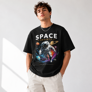 Camiseta Negra para Hombre con Estampado de Astronauta de Space Society, Logotipo Frontal, Manga Larga, Cuello Redondo, Corte Holgado, Informal, 100% Algodón Jersey Transpirable - Product Image 2