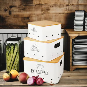 Juego de 3 cajas de almacenamiento de cocina de diseño clásico con orificios de ventilación para cebollas, patatas, ajo, almacenamiento como regalos elegantes - Product Image 6