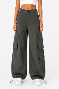 Pantalones Cargo de Mujer de Cintura Alta, Pierna Ancha, Estilo Casual Urbano, Holgados, con Cordón Ajustable en el Bajo, Multibolsillos, Ajuste Holgado - Product Image 1