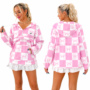 Veste coupe-vent rose en nylon imprimée personnalisée pour femme, veste à capuche légère décontractée pour homme, vêtement d'extérieur demi-zip streetwear - Product Image 1