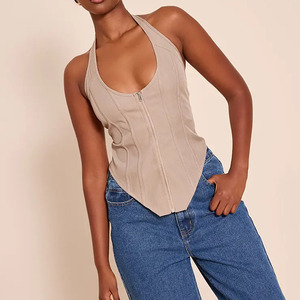Women's Beige Halter Neck Zip Front <b>Tummy</b> <b>Control</b> Shapewear Top Waist Cincher Bodycon Tank Top Medium Daily Wear Corset Top - Product Image 5