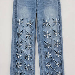 Pantalon en jean taille haute à jambes larges avec motif étoile perlé et poches à franges, style bohème, longueur intégrale pour femme - Product Image 3