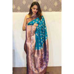 Sari Azul de Seda Suave con Zari Tejido en Contraste, Elegantes Vestidos de Noche - Product Image 5