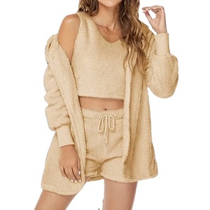 3 Piece Women Outfits Sets <b>Plush</b> Velvet Hooded Cardigan Coat Shorts Pants Crop Tops Tracksuits Warm Casual Sweatshirts - Product Image 4