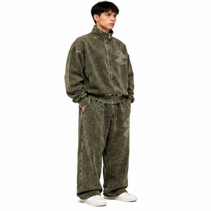Survêtement tendance pour homme, vert olive, imprimé, durable, col montant zippé, coupe ample, décontracté, avec poches latérales - Product Image 3
