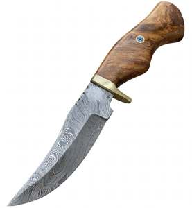 Cuchillo utilitario de punta curva de acero de Damasco hecho a mano con mango de madera de Burl y guardacuchillo de latón, herramienta de campo - Product Image 3