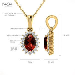 Pendentif ovale 6x4mm en grenat du Mozambique serti de diamants authentiques, halo en or massif 14 carats, pendentif délicat pour femme à prix offert - Product Image 5