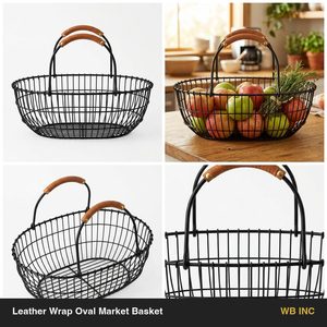 Handmade Metal Wire <b>Basket</b> 34 cm with Black Tan Leather Grips & Wrap Oval Market Home Decor Hotel Wedding <b>Table</b> - Product Image 6