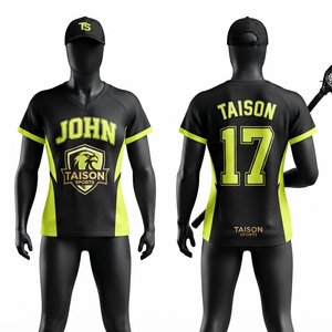 Maillot de lacrosse pour hommes, qualité supérieure, maille polyester 240g, noir et vert lime, col en V, panneau latéral, impression par transfert thermique, respirant - Product Image 1