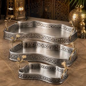 Oriental Metal <b>Serving</b> Tray <b>Set</b> With Gold Inlay Engraved Auric Wave Shape Handmade <b>Dishes</b> & Plates - Product Image 3
