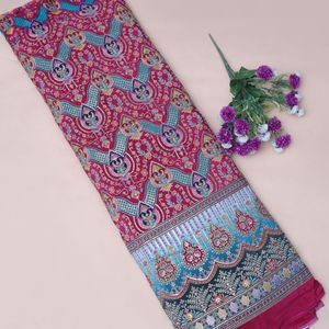 Tissu en crêpe tissé rose magenta 54 pouces avec broderie lourde et motif de bordure Daman pour Kurti, Tunique, Robe Anarkali et Ensemble de style indien pour filles - Product Image 2