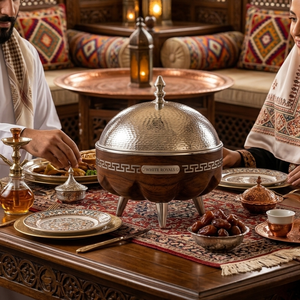 Royal Luxury Ramadan Hotpot Premium Wooden & Hammered Silver Casserole <b>Chafing</b> <b>Dish</b> <b>Buffet</b> <b>Set</b> for Gulf Wholesale - Product Image 5