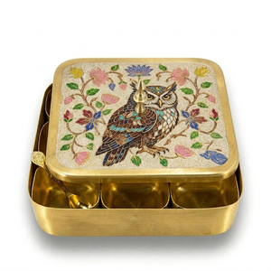 Handcrafted Brass Masala Box with Deer Meenakari Art Decorative Spice <b>Storage</b> <b>Container</b> for Kitchen Dining Table Gift Use - Product Image 3