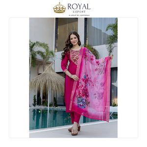 Colección de Diseñador de Calidad Excepcional: Conjunto de 3 Piezas de Kurti, Pantalón y Dupatta con Bordado Tradicional Chanderi - Product Image 3