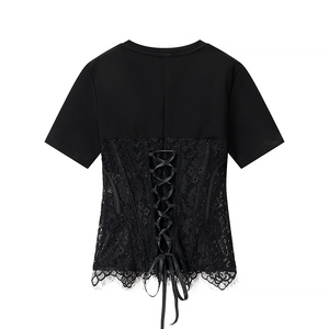 Crew Neck Short Sleeve Solid Color Lace <b>Crop</b> <b>Top</b> Women Casual Blouse Shirt Spring Summer Fashion <b>Tops</b> - Product Image 3