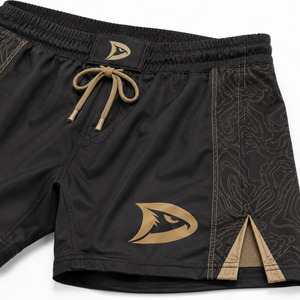 Men's Black MMA Training Kit Fitted Quick Dry <b>Polyester</b> Shorts and Shirt with Gold Logo Print Martial Art Training Set - Product Image 6