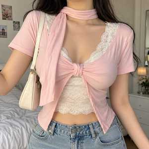 เสื้อแฟชั่นผู้หญิงสุดฮิต คอลเลคชั่นเสื้อสายเดี่ยวสไตล์เกาหลี ลายจุด แขนพอง แต่งลูกไม้ ผูกโบว์ด้านหน้า แขนสั้น ผ้าถัก - Product Image 5