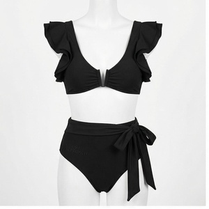 ชุดบิกินี่คอวีลึกสีดำพร้อมกางเกงเอวสูงผูกข้างสำหรับผู้หญิง - Product Image 1