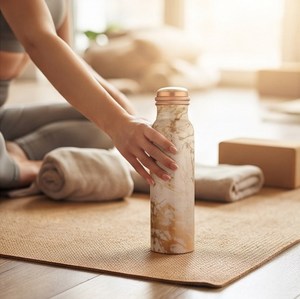 Bouteille d'eau isotherme en acier inoxydable doré marbré avec couvercle rose doré, idéale pour les voyages et une présentation élégante sur la table - Product Image 5